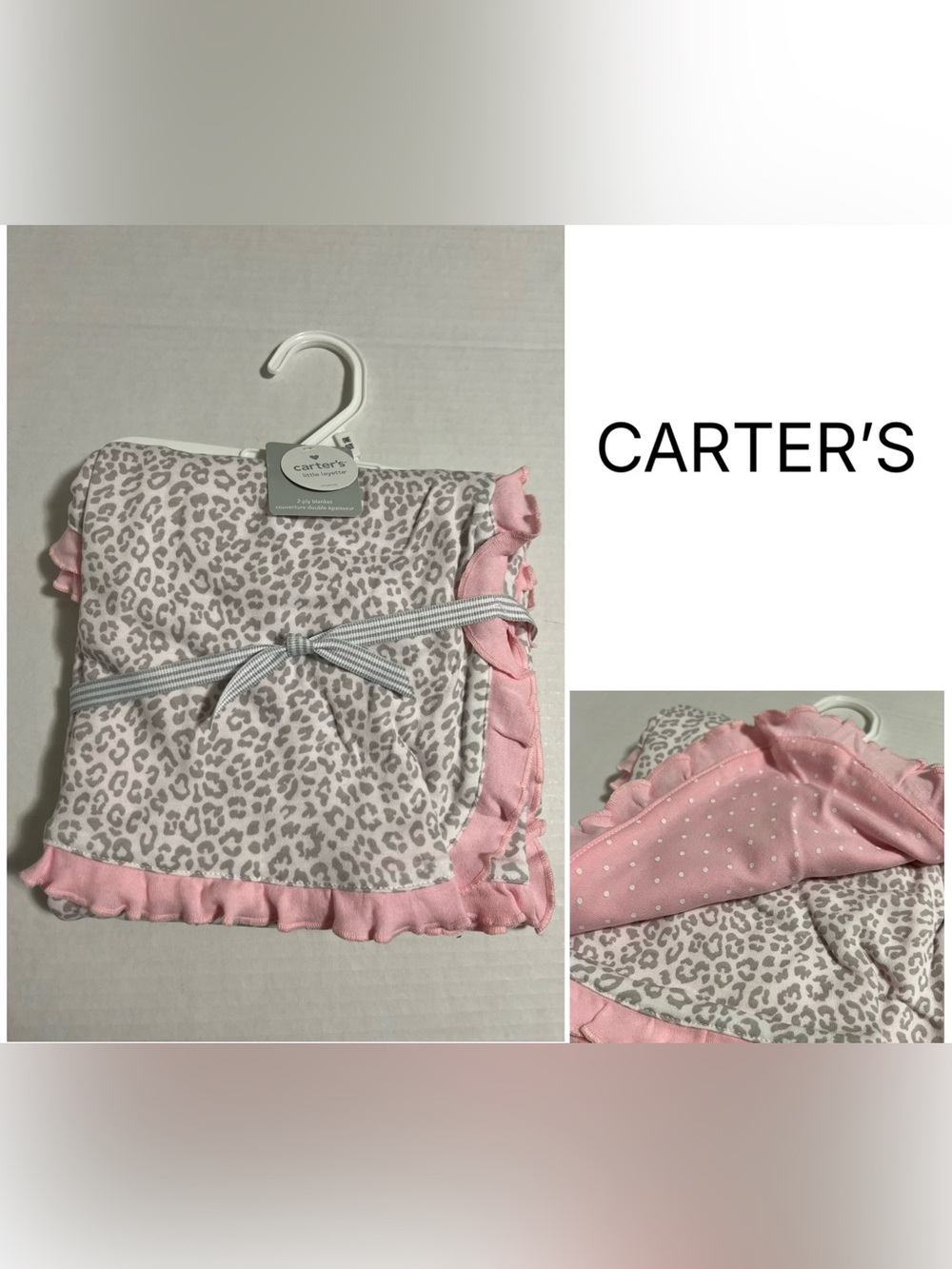CARTER’S - NWT - 34”X28” - INFANT GIRLS REVERSIBLE LEOPARD / PINK DOT BLANKET